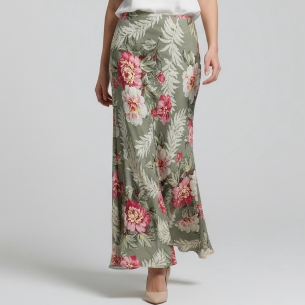 Vintage Y2K Jones New York Silk Floral Maxi Skirt in Sage with Pink Bloom Sz 4
